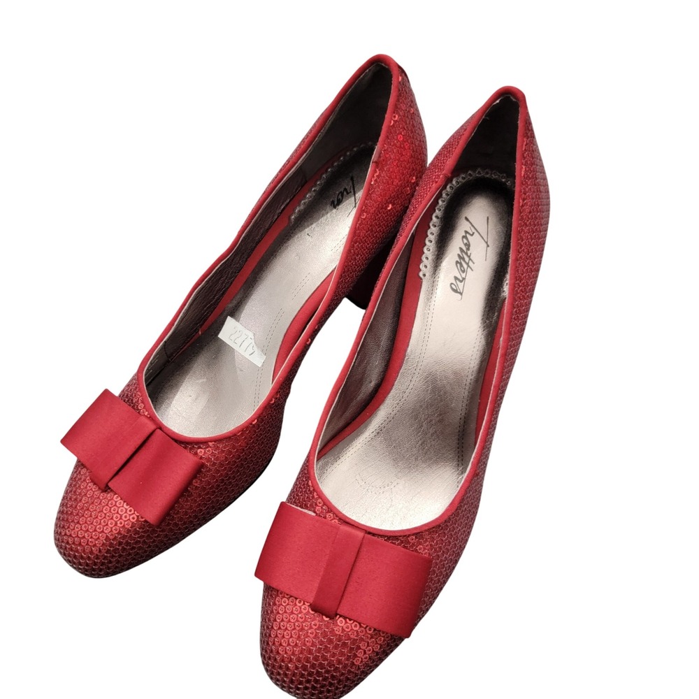 Trotters Pump Womens 9N Red Sequin Bow‎ Block Heel Sparkle Dorothy Slippers